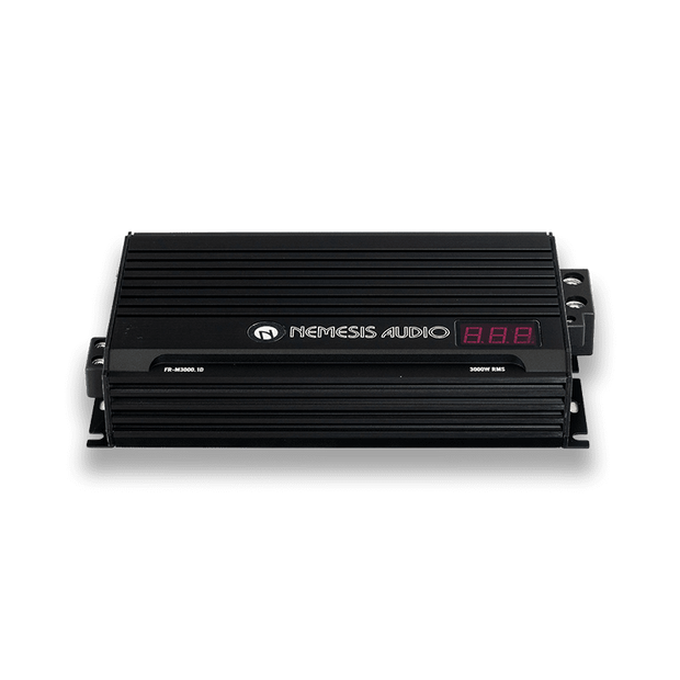 3090W RMS Full Range Series Monoblock Amplifier. 1-Ohm stable Class D design featuring a 10.16″ chassis and an included remote bass knob with a digital voltmeter.