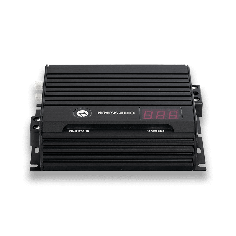 1280W RMS Full Range Series Monoblock Amplifier. Features a micro-size footprint, 1-Ohm stability, and an included remote bass knob with a digital voltmeter.