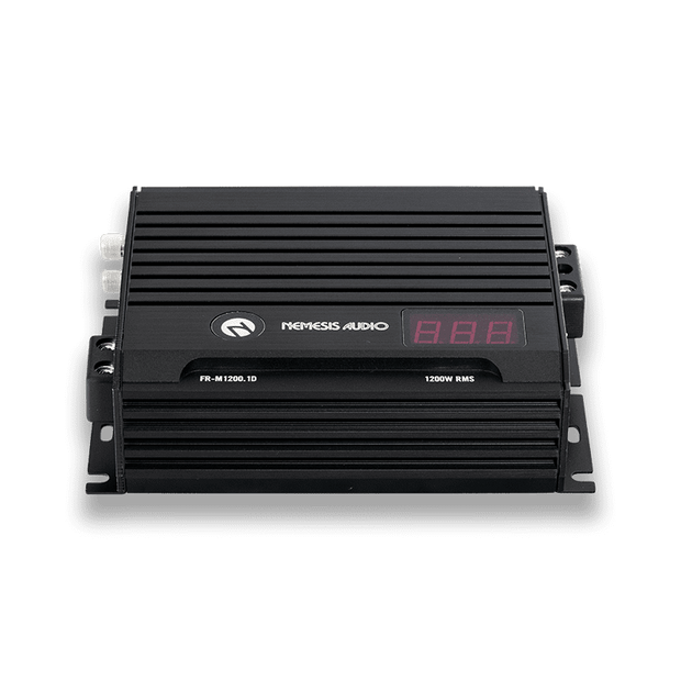 1280W RMS Full Range Series Monoblock Amplifier. Features a micro-size footprint, 1-Ohm stability, and an included remote bass knob with a digital voltmeter.