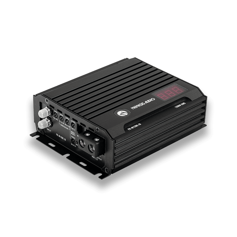 1280W RMS Full Range Series Monoblock Amplifier. Features a micro-size footprint, 1-Ohm stability, and an included remote bass knob with a digital voltmeter.