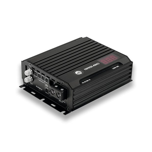 1280W RMS Full Range Series Monoblock Amplifier. Features a micro-size footprint, 1-Ohm stability, and an included remote bass knob with a digital voltmeter.