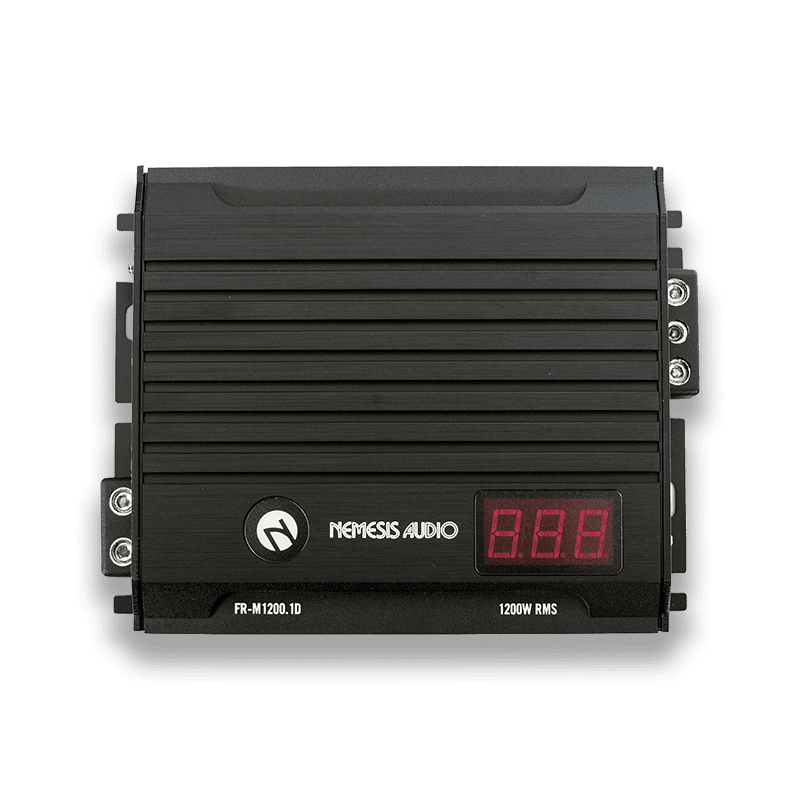 1280W RMS Full Range Series Monoblock Amplifier. Features a micro-size footprint, 1-Ohm stability, and an included remote bass knob with a digital voltmeter.