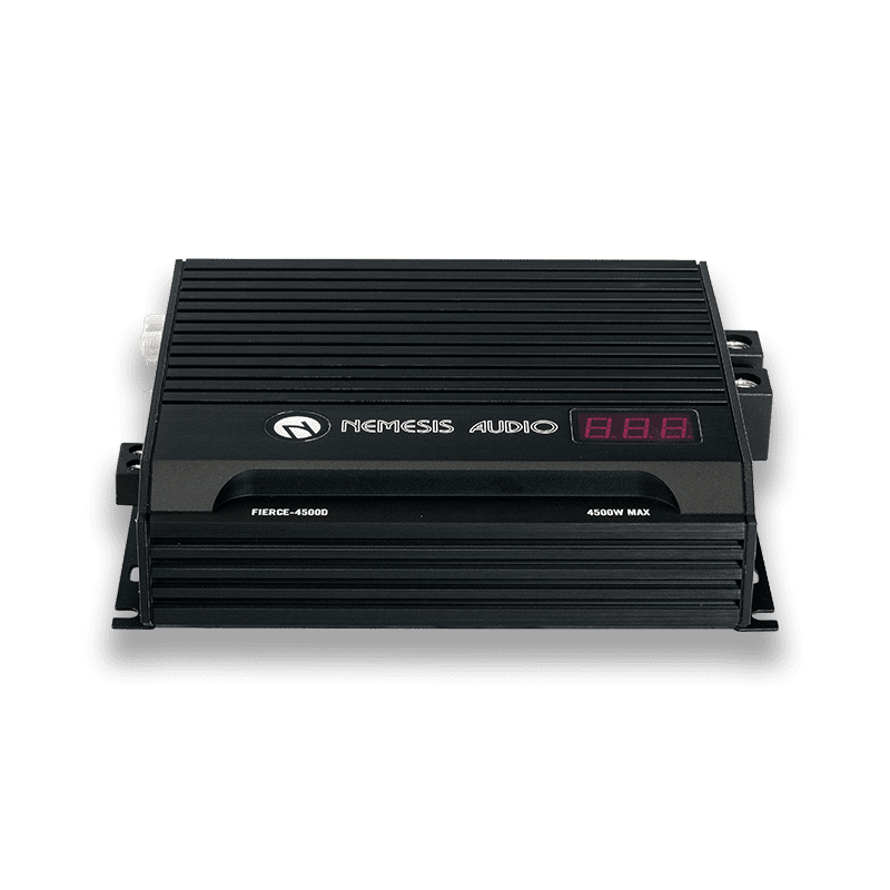 2510W RMS Fierce Series Monoblock Amplifier. High-efficiency Class D design, 1-Ohm stable, includes remote bass knob with digital voltmeter.