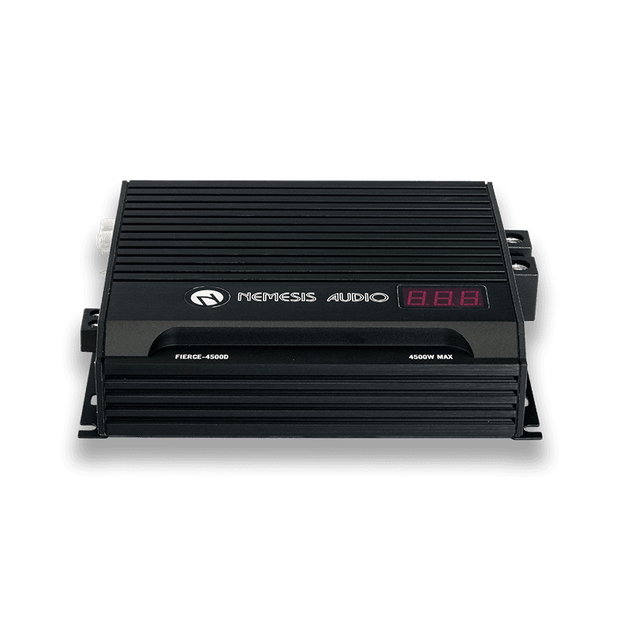 2510W RMS Fierce Series Monoblock Amplifier. High-efficiency Class D design, 1-Ohm stable, includes remote bass knob with digital voltmeter.