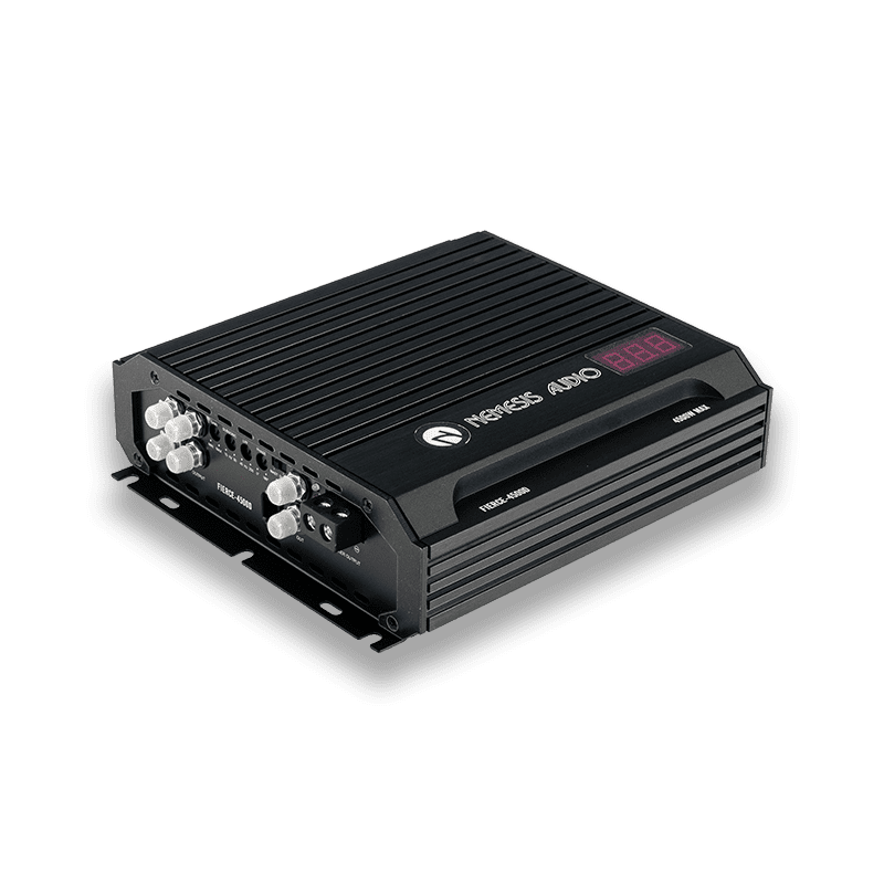 2510W RMS Fierce Series Monoblock Amplifier. High-efficiency Class D design, 1-Ohm stable, includes remote bass knob with digital voltmeter.