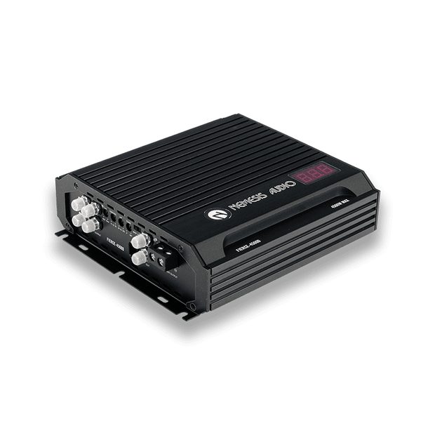 2510W RMS Fierce Series Monoblock Amplifier. High-efficiency Class D design, 1-Ohm stable, includes remote bass knob with digital voltmeter.