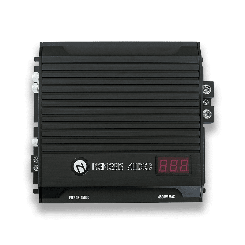 2510W RMS Fierce Series Monoblock Amplifier. High-efficiency Class D design, 1-Ohm stable, includes remote bass knob with digital voltmeter.