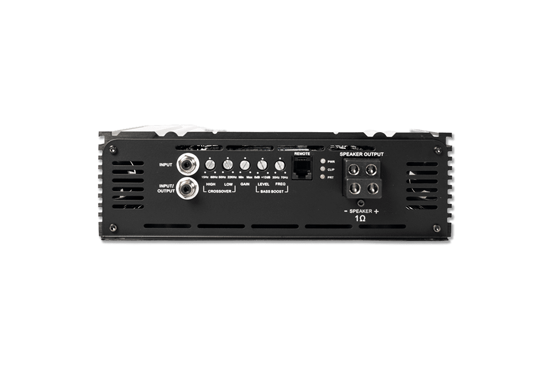 1-Channel full-range Class D amp, 5000W RMS @1-Ohm. Clean reproduction with HPF/LPF and bass boost controls.