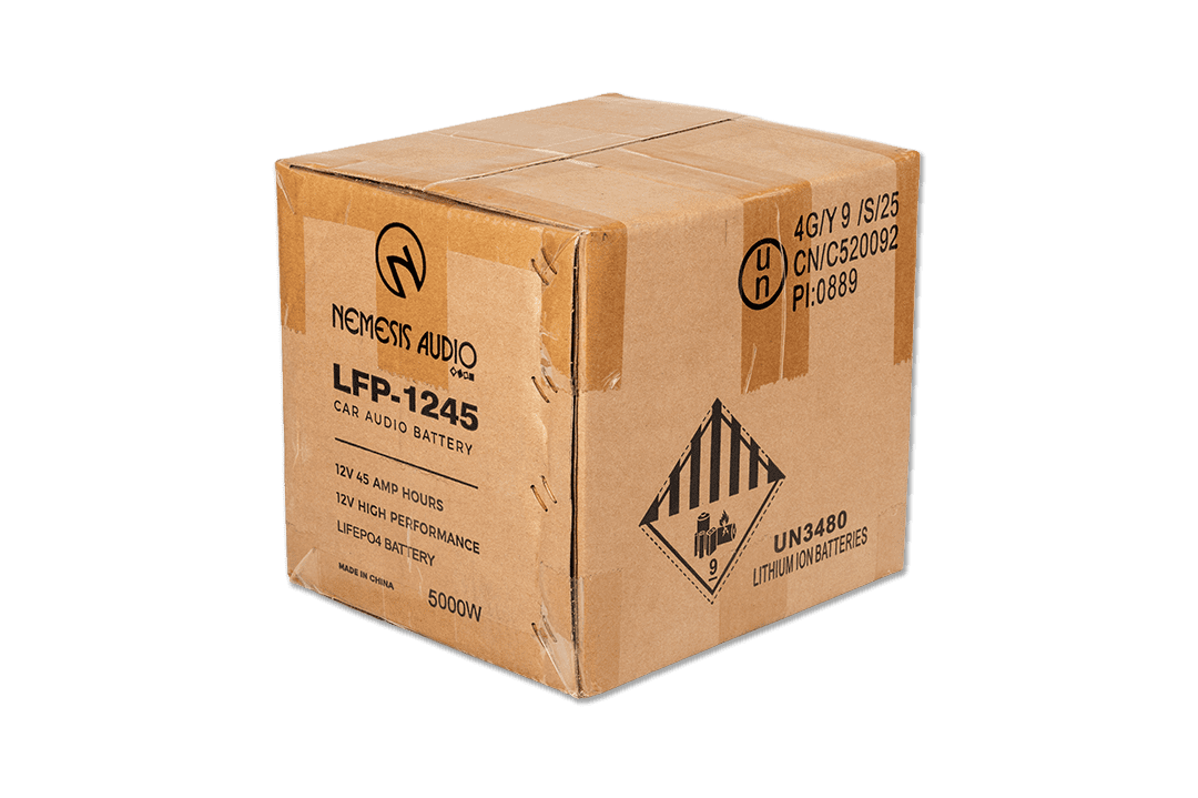 Nemesis Audio LFP-1245  12V 45Ah LiFePO4 battery, 5000W rating. Reliable, durable lithium performance for car audio.
