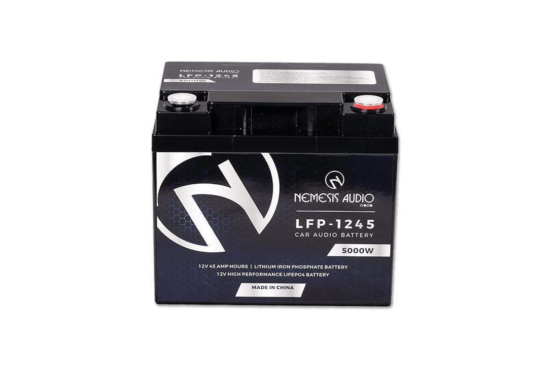 Nemesis Audio LFP-1245  12V 45Ah LiFePO4 battery, 5000W rating. Reliable, durable lithium performance for car audio.