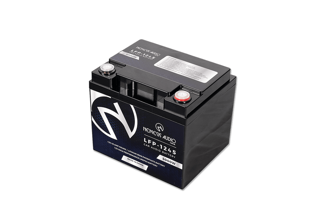 Nemesis Audio LFP-1245  12V 45Ah LiFePO4 battery, 5000W rating. Reliable, durable lithium performance for car audio.