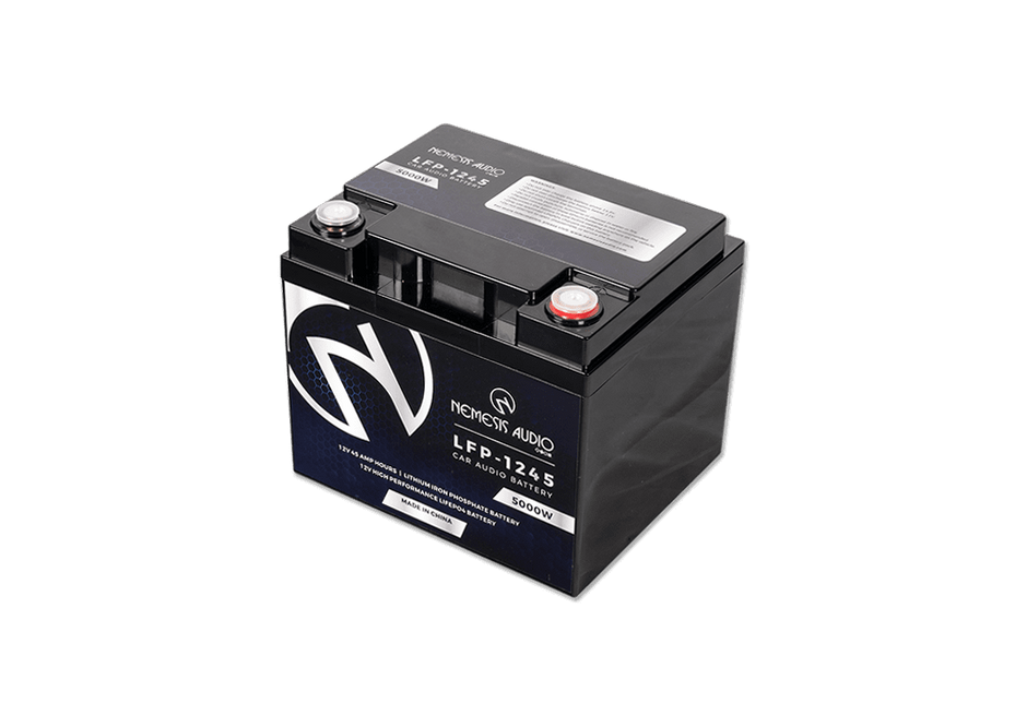 Nemesis Audio LFP-1245  12V 45Ah LiFePO4 battery, 5000W rating. Reliable, durable lithium performance for car audio.