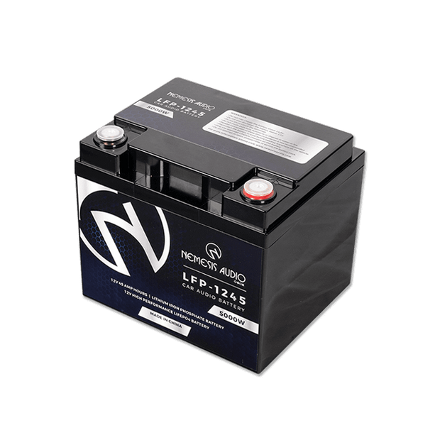Nemesis Audio LFP-1245  12V 45Ah LiFePO4 battery, 5000W rating. Reliable, durable lithium performance for car audio.