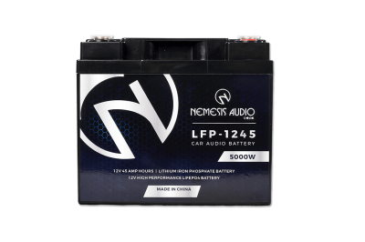 Nemesis Audio LFP-1245  12V 45Ah LiFePO4 battery, 5000W rating. Reliable, durable lithium performance for car audio.