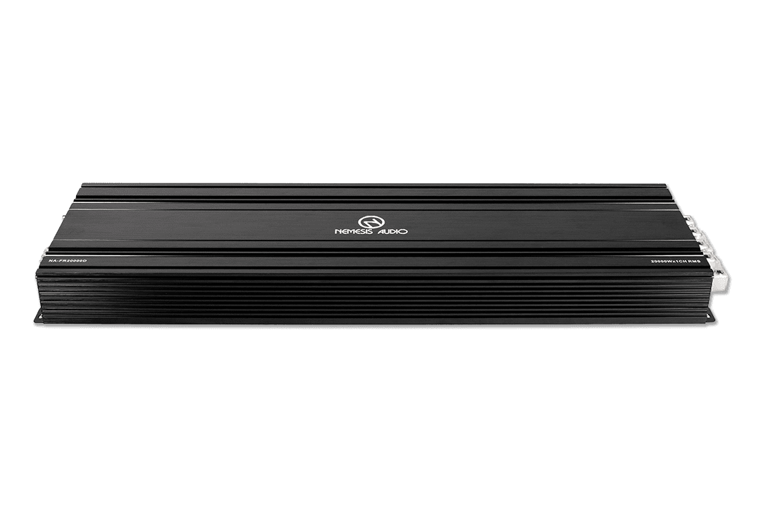 1-channel Class D amp, 20,000W RMS @1-Ohm. Smart cooling, full protection, and bass boost.