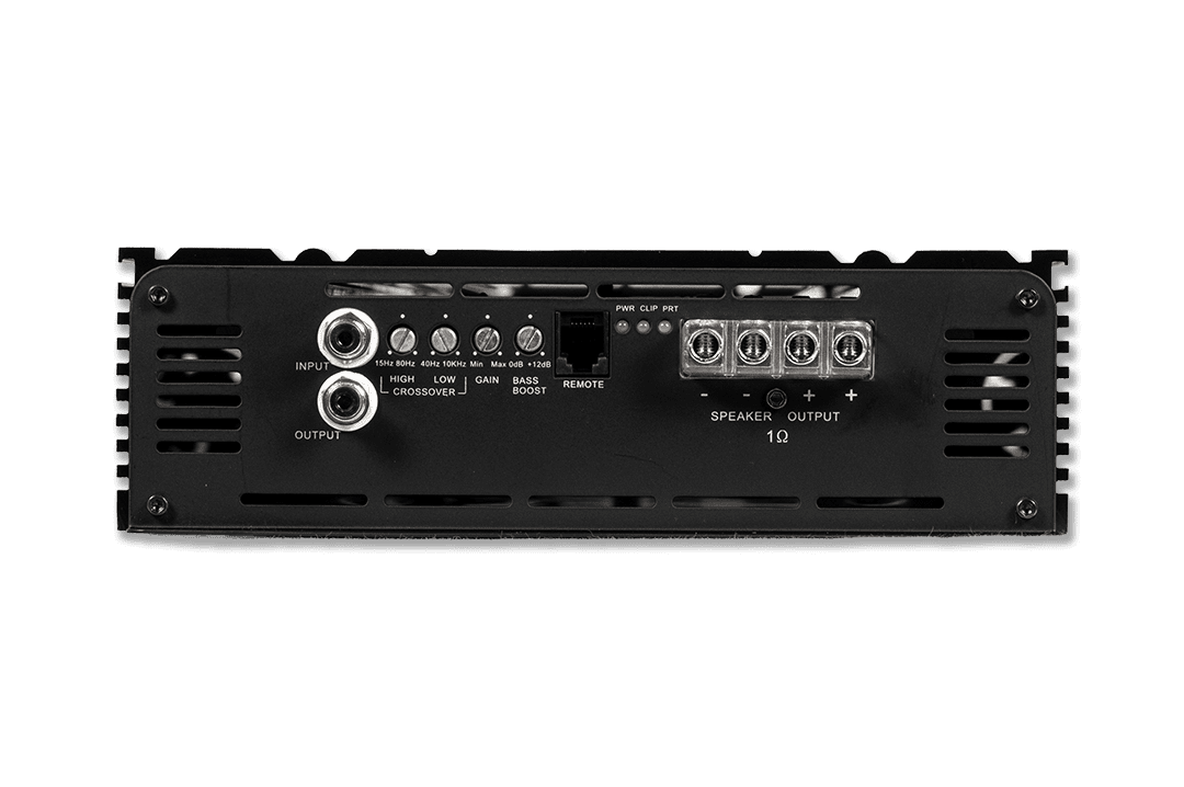 1-channel Class D amp, 20,000W RMS @1-Ohm. Smart cooling, full protection, and bass boost.