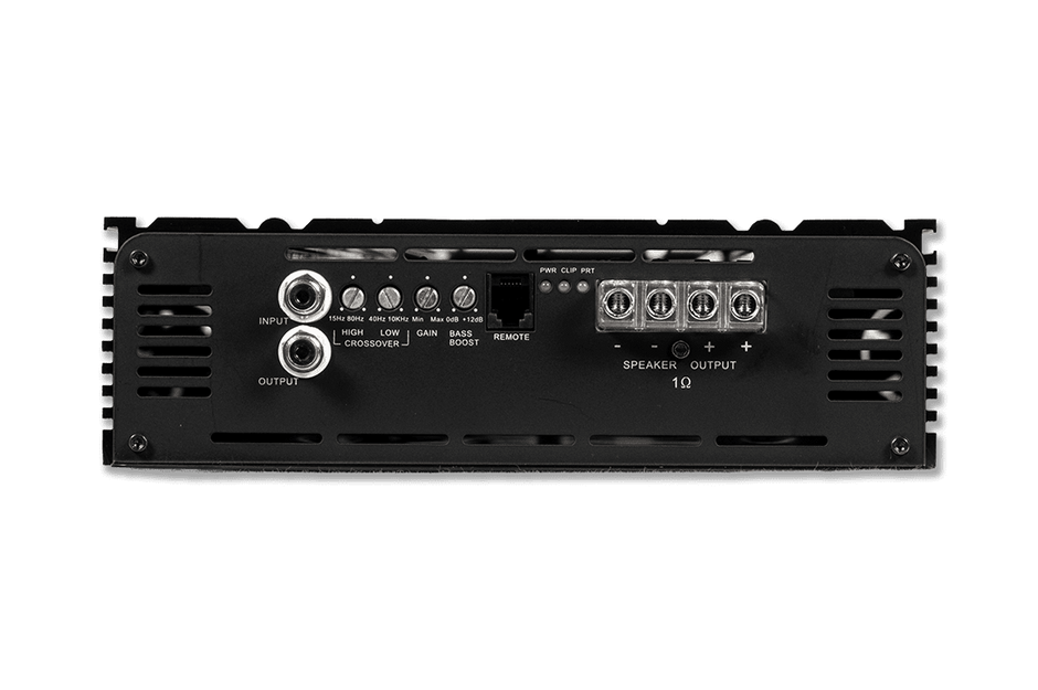 1-channel Class D amp, 20,000W RMS @1-Ohm. Smart cooling, full protection, and bass boost.